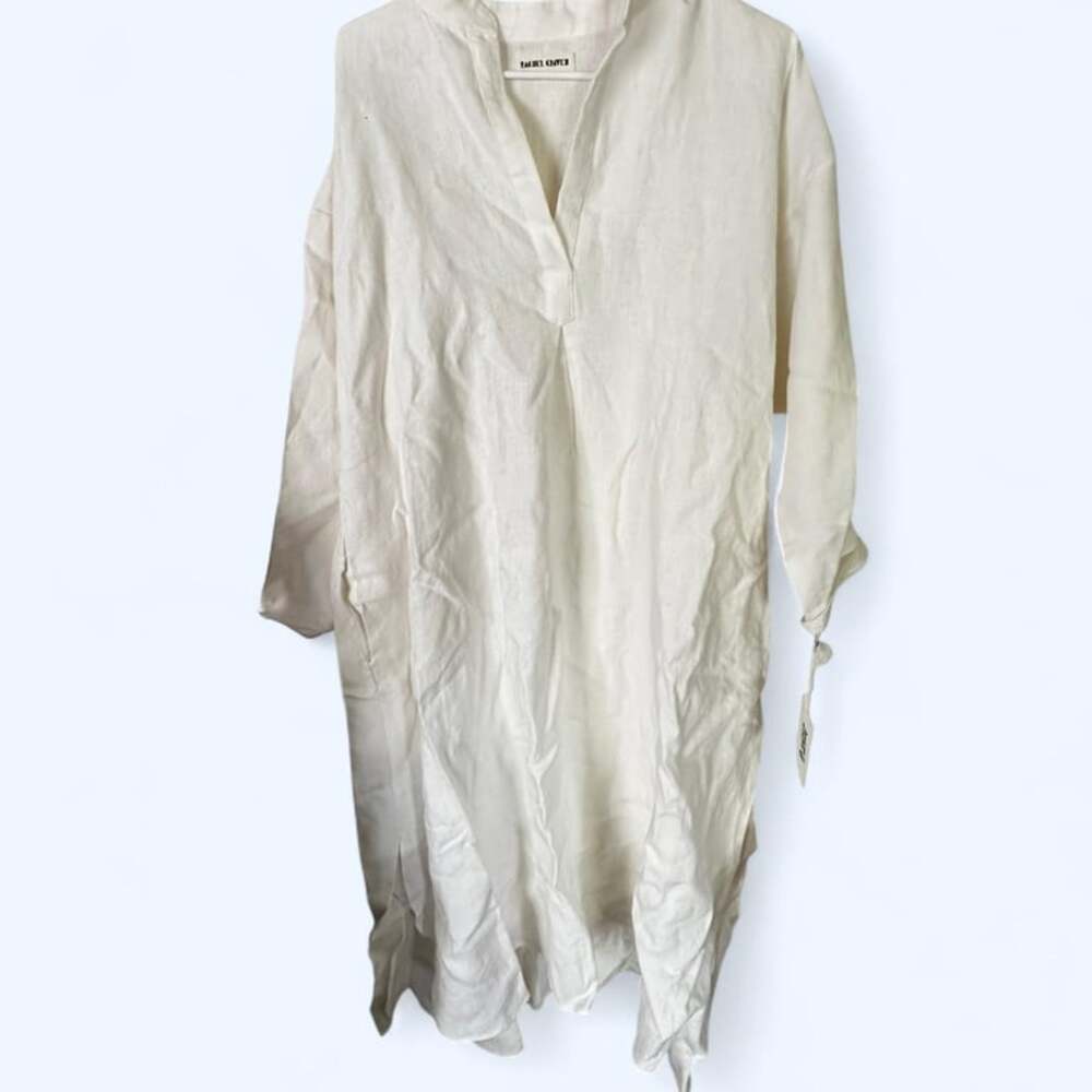 Rachel Craven 100% Linen Off-White V-Neck Midi Dress with Pockets, NWT